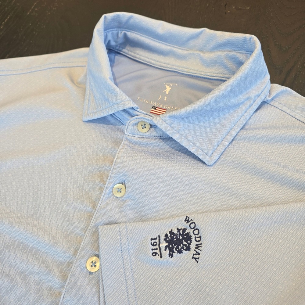 Fairway & Greene Mens Golf Polo Shirt Blue Woodway 1916 Logo Large Made in USA